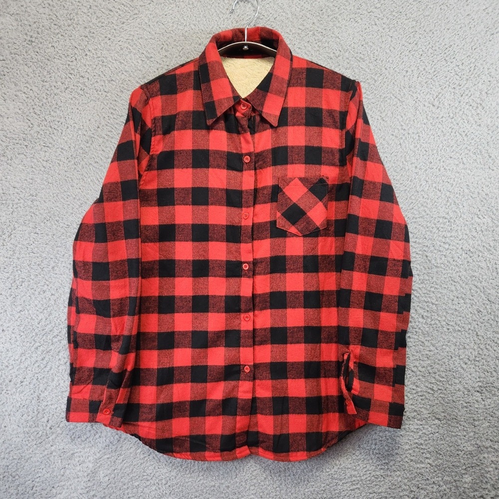 Style‎ One Shacket Women's Size L Red Black Buffalo Plaid Sherpa Lined Flannel